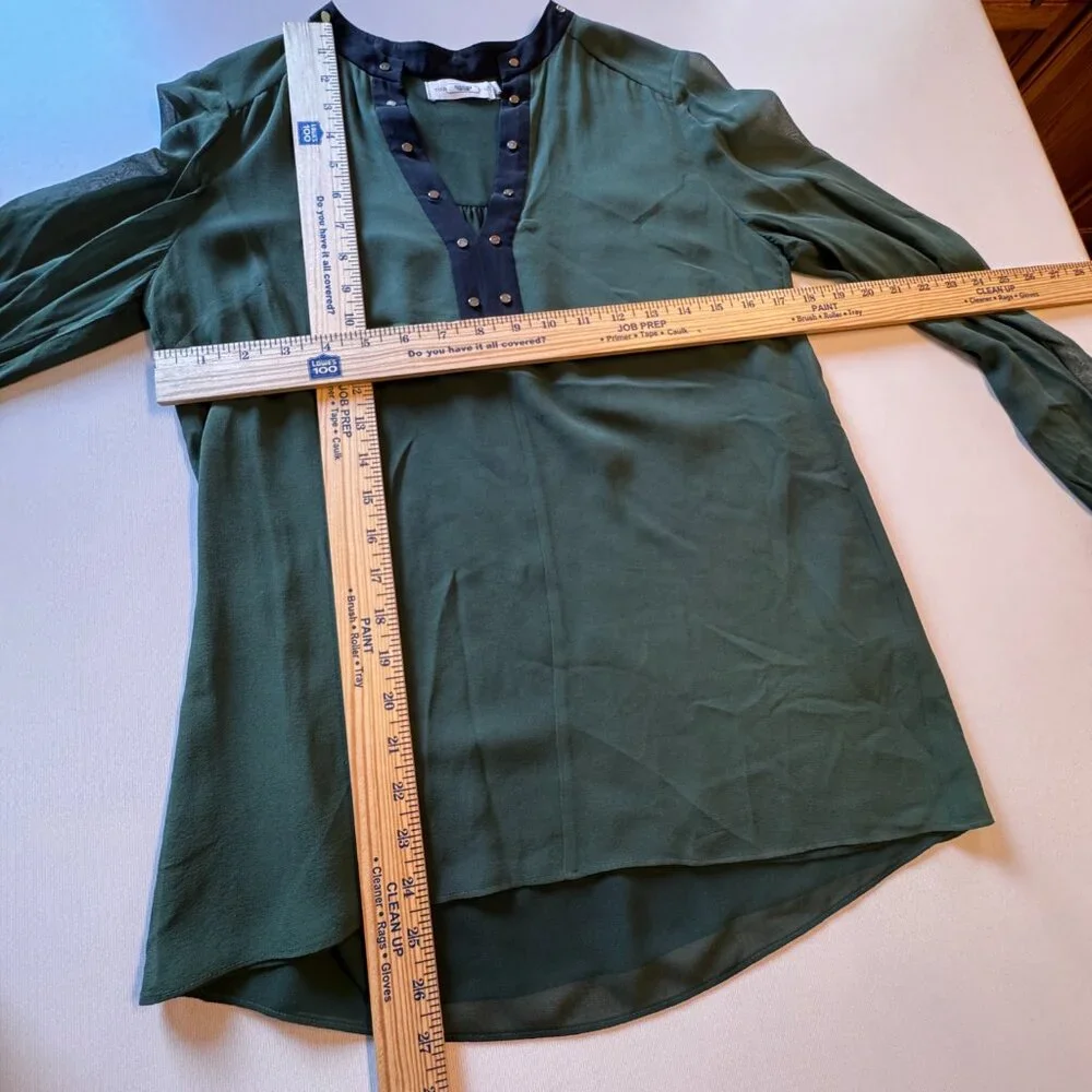 VTG Tory Burch Blouse Size 4 Sheer Green Silk Black Trim Gold Stud Detail